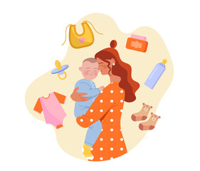 Mother holding baby, surrounded by baby essentials like clothes, bottle, pacifier, and bib, set on a soft beige background. Concept of motherhood and care. Vector illustration
