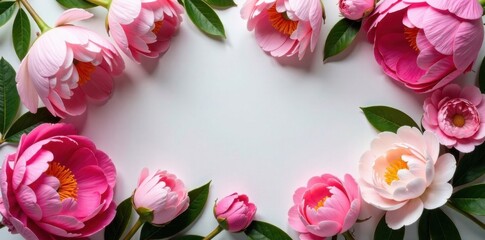 Fototapeta premium Fresh peonies and gardenia in a circular arrangement, flowers, wreath