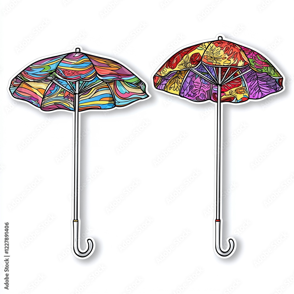 Poster colorful umbrellas with intricate patterns displayed together, showing vibrant designs featuring abs