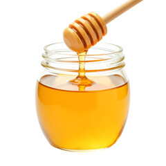 Clear glass jar with honey flowing and honey dipper isolated on transparent background