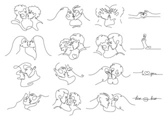 Set of drawings of couples in love kissing. LGBT, gay, lesbian, heterosexual people. Valentine's Day February 14. Lovers drawing by hand in a continuous line.