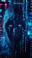 Cybernetic Hacker in a Digital Matrix with Glowing Blue Code - made with Generative AI