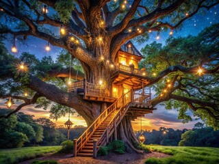Fototapeta premium Enchanting Treehouse with Spiral Staircase at Night - Magical Fantasy Stock Photo