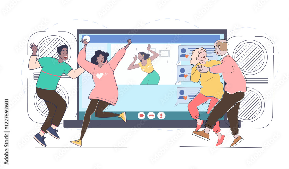 Poster people dancing joyfully in front of a large virtual screen showing a video call interface. bright co