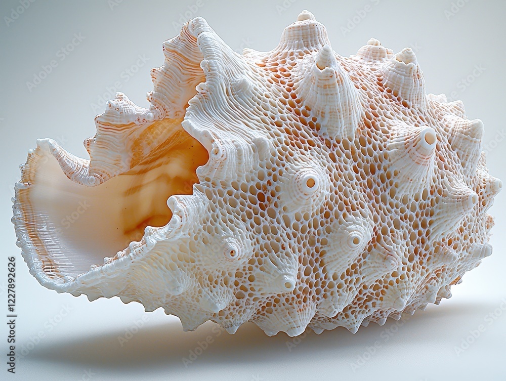 Poster a detailed conch shell with intricate textures and colors.