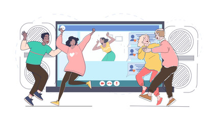 People dancing joyfully in front of a large virtual screen showing a video call interface. Bright colors on a white background. Concept of online fun. Vector illustration