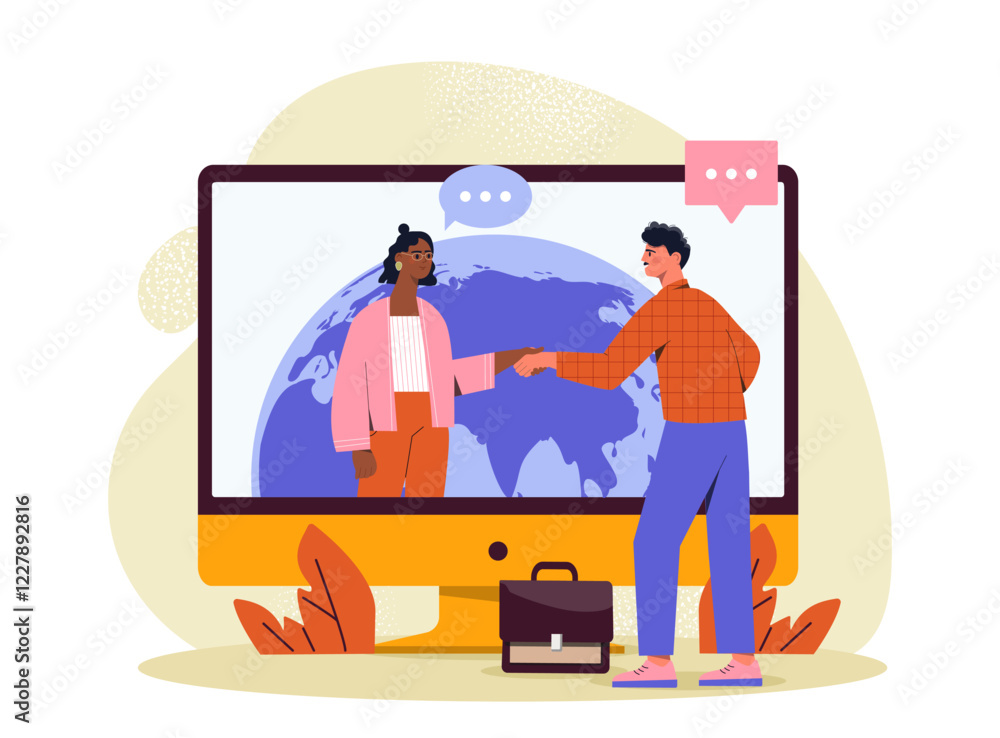 Poster two people connecting virtually through a computer screen with a globe in the background. modern car