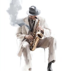 Naklejka premium A musician in a suit playing the saxophone, creating a soulful atmosphere. The scene captures the essence of jazz, emphasizing emotion and creativity.