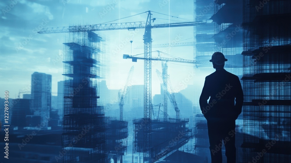 Poster layers of translucent silhouettes representing workers slowly dissolving into the holographic shadow