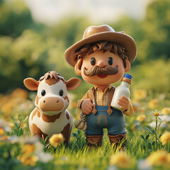 Fototapeta premium cheerful milkman with a cow on a green meadow, among the grass, with a bottle of milk in his hand. 3D illustration