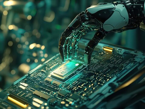 A dramatic closeup of a robotic hand manipulating a circuit board in a futuristic lab environment