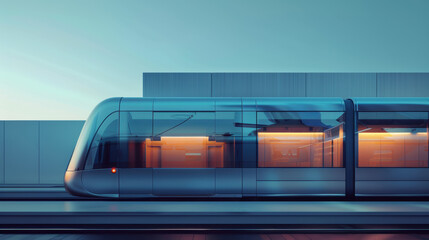 A futuristic train with glowing orange lights on its side.