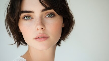 Fototapeta premium A close-up portrait of a beautiful young woman with short brunette hair, and a serene expression, showcasing natural beauty and elegance and tranquility, professional studio portrait photography. Whit