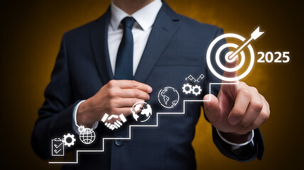 A business professional in a suit is pointing towards a glowing target with the year " 2025 " next to it. There are icons representing various business concepts such as a checklist , gears , a globe ,