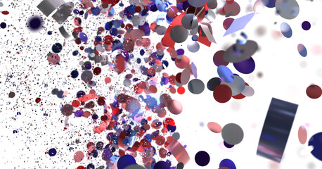 Falling confetti, festive celebration, party background. Stock photo of red, blue, silver circles and shapes.