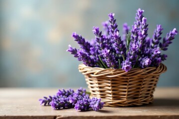 A delicate arrangement of fragrant purple lavender blossoms nestled in a charming woven basket, sitting on a rustic wooden surface against a soft-hued background