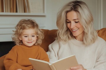 Fototapeta premium A loving mother and her young child share a heartwarming moment as they read a book together. 