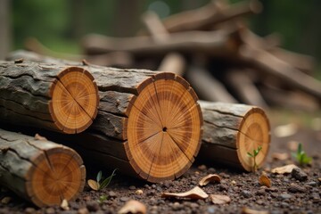Close-up view of freshly cut logs exhibiting intricate wood grain patterns, nestled amongst fallen leaves on rich soil