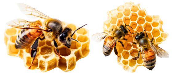 bees sitting on honeycomb isolated over transparent (white) background; concept of healthier version of sugar