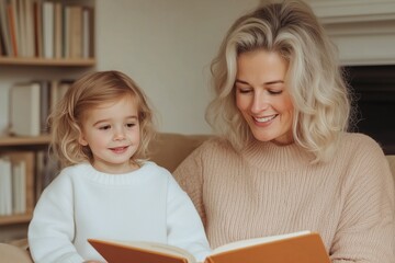 Fototapeta premium A loving mother and her young child share a heartwarming moment as they read a book together. 