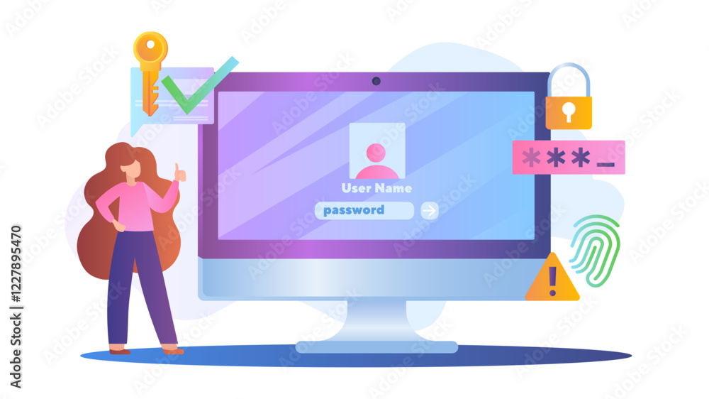 Poster a woman stands near a screen displaying a login interface with username and password fields. securit