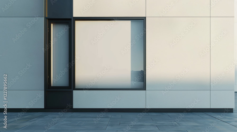 Poster a modern building with a large window and a black frame.