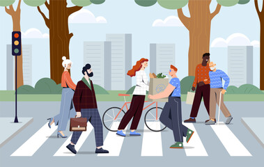 Group of diverse individuals crossing a pedestrian crosswalk in an urban park setting, with trees, buildings, and a traffic light. Concept of community. Vector illustration