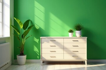 Sunny Room Interior Design with Cream Chest of Drawers and Potted Plants
