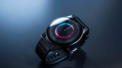 A sleek black smartwatch with a digital display and a rotating indicator.