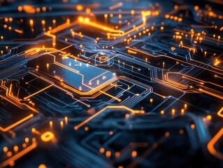 Illuminated circuit network analysis digital technology lab high-tech visuals futuristic environment macro viewpoint