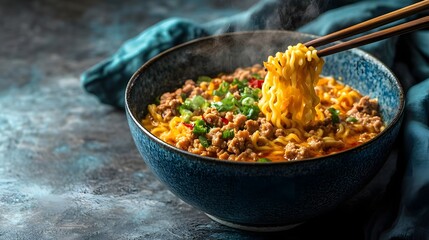 Fototapeta premium A steaming bowl of ramen noodles garnished with meat and herbs, ready to be enjoyed.