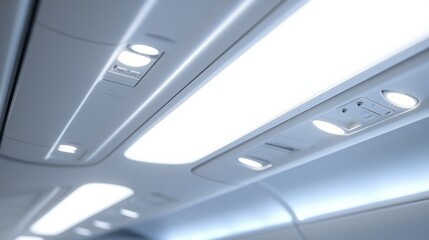 Modern airplane interior showcasing overhead lighting and cabin design during flight