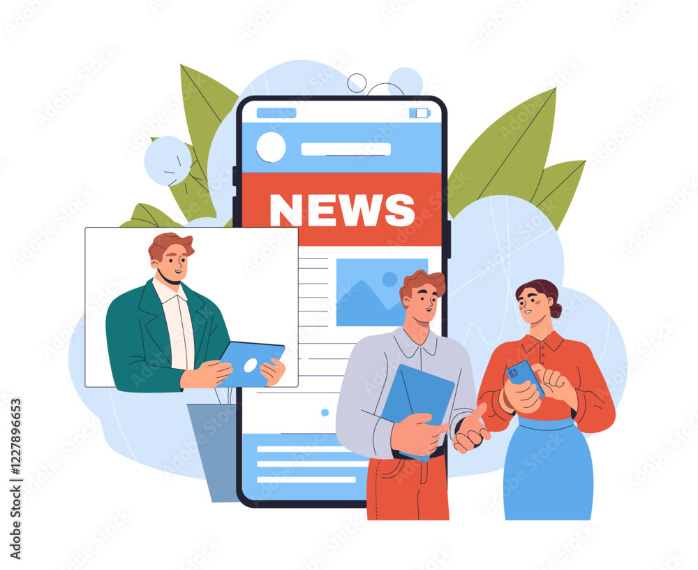 Aufkleber news concept with people discussing and using digital devices near a large smartphone screen display