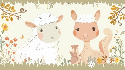 Obraz premium Cute Baby Shower Sheep with Squirrel in Cartoon Decoration