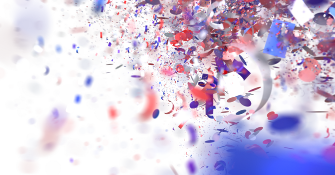 Vibrant red, blue, and white confetti bursts. Festive background ideal for celebrations.