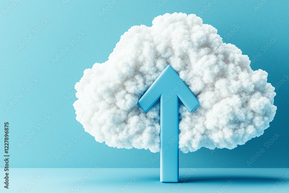 Poster a light blue upload arrow is subtly integrated into a soft white cloud, symbolizing the concept of c