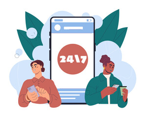 Two people using smartphones near a large phone screen displaying 24 7, surrounded by leaves and clouds. Modern flat design. Concept of constant connectivity. Vector illustration