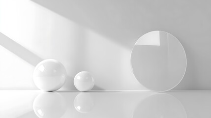 Minimalist white spheres and circular mirror in a bright room