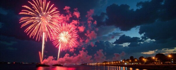 Fireworks exploding in the sky with a New Year's Eve clock, clock striking midnight, fireworks