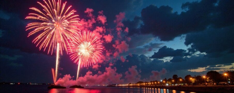 Fireworks exploding in the sky with a New Year's Eve clock, clock striking midnight, fireworks