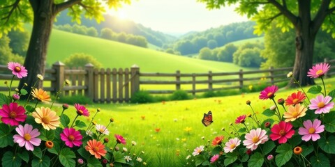 Obraz premium Vibrant wildflowers blooming in a picturesque pastoral setting, framed by a rustic wooden fence and lush green rolling hills under a warm, sunlit sky.