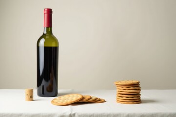 Naklejka premium A bottle of red wine with a cork and several round crackers on a white surface