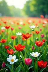Fototapeta premium Field of low-growing flowers swaying , flowers, gentle