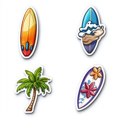Fototapeta premium Colorful surfboard stickers including palm tree and ocean wave designs arranged creatively, evoking tropical beach vibes and summer fun with vibrant colors and shapes.