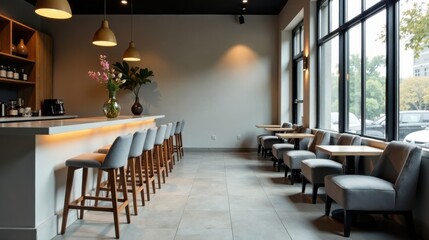 Modern minimalist cafe interior design with bar seating and comfortable lounge chairs near large windows
