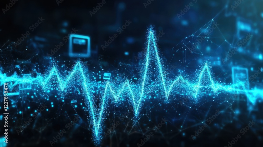 Poster a visual representation of a pulse or heartbeat rhythmically syncing with icons of startups launchin