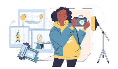 A creative illustration of a grapher holding a camera, surrounded by s, film rolls, and studio equipment on a light background. Concept of graphy and art. Vector illustration