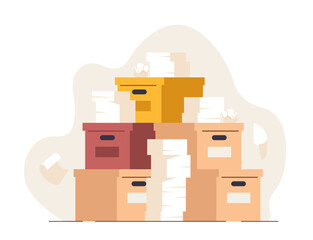 Illustration of stacked cardboard boxes filled with papers and crumpled documents on a light abstract background. Concept of office clutter and organization. Vector illustration