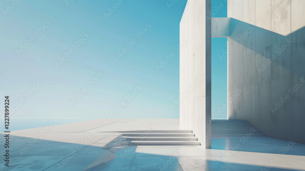 Poster a minimalist concrete structure with a curved staircase and a large window.