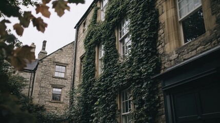 Ivy Covered Stone Building with Windows and Door